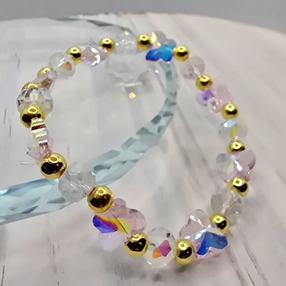 Handmade ✦ Austrian Crystal Bracelet ✦ Pink Butterfly Beads + Gold Accents - Picture 5 of 9